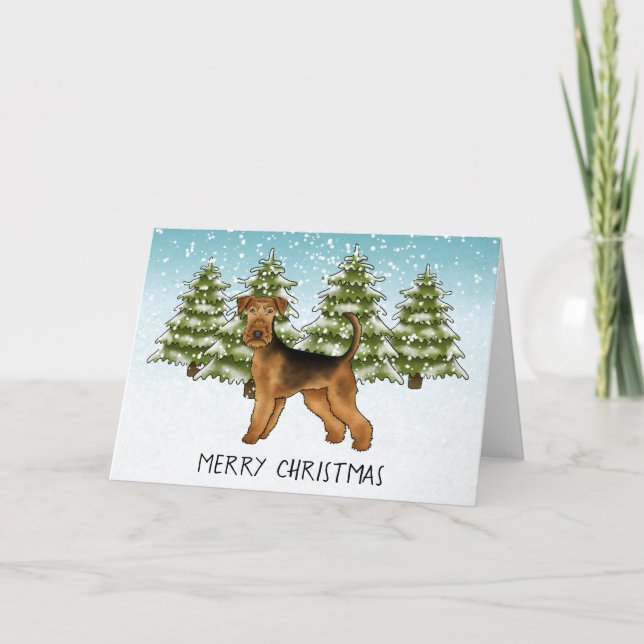 Airedale Terrier Dog Snowy Winterwald Festival Karte (Vorderseite)