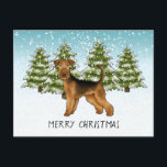 Airedale Terrier Dog Snowy Winterwald Festival Postkarte<br><div class="desc">Desteis originelle Cartoon-Illustration einer niedlichen Airedale Terrier Rasse Hund. Der Hund ist in einer Winterlandschaft mit drei grünen Tannenbäumen und fallendem Schnee untergebracht. Der Hintergrund ist ein blaues bis weißes Gefälle,  das das Design des kalten Wintertages verleiht. Es gibt auch einen personalisierbaren Textbereich,  der jetzt lautet: "Frohe Weihnachten".</div>