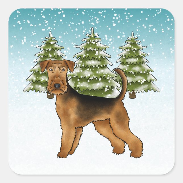 Airedale Terrier Dog Snowy Winterwald Festival Quadratischer Aufkleber (Vorderseite)