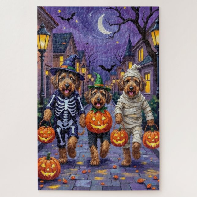 Airedale Terrier Dogs Trick-or-Treating Halloween (Vertikal)