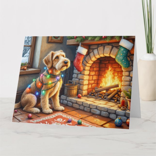 Airedale Terrier Fireplace Christmas Lights Karte (Vorderseite)