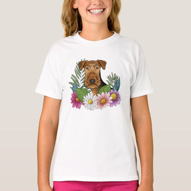 Airedale Terrier Head and Floral Nature Blume T-Shirt (Vorderseite)