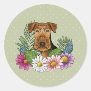 Airedale Terrier Hund Bunte Wildblumen Grün Runder Aufkleber
