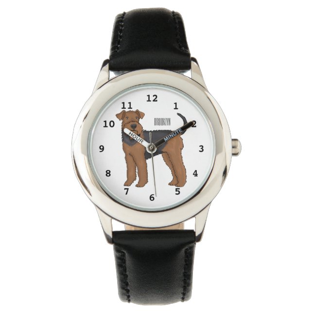 Airedale Terrier Hund Cartoon Illustration Armbanduhr (Vorderseite)