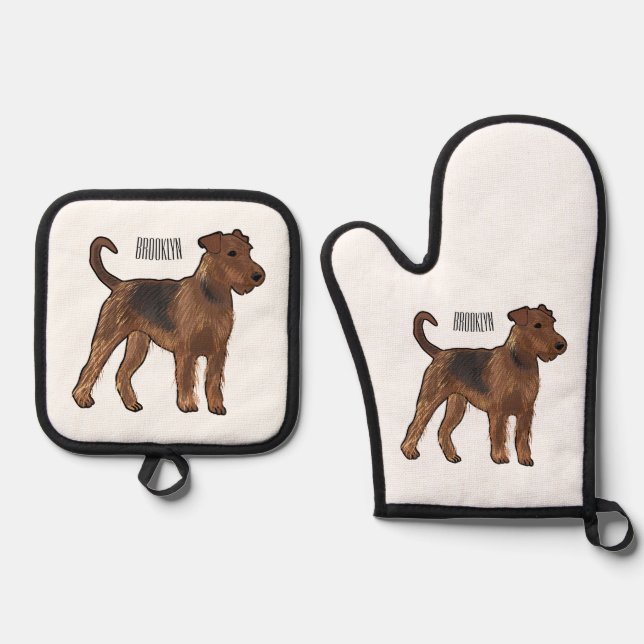 Airedale Terrier Hund Cartoon Illustration Ofenhandschuh & Topflappen-Set (Vorderseite)
