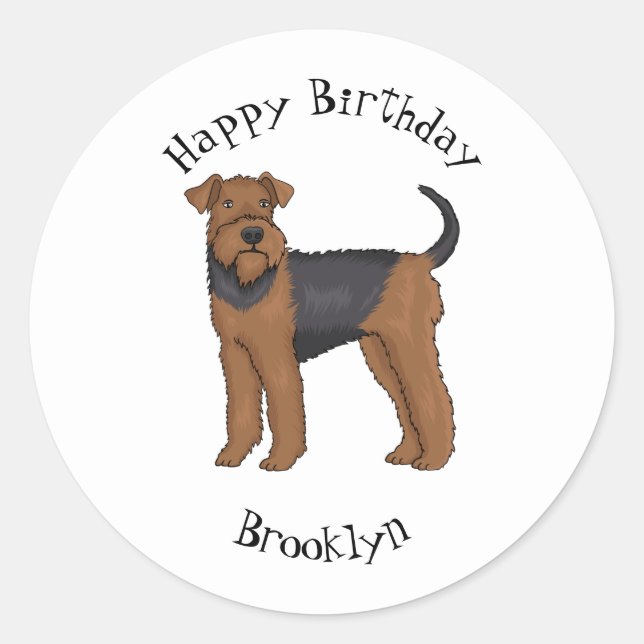 Airedale Terrier Hund Cartoon Illustration Runder Aufkleber (Vorderseite)