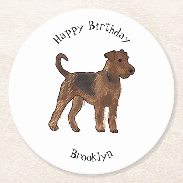 Airedale Terrier Hund Cartoon Illustration Runder Pappuntersetzer (Vorderseite)
