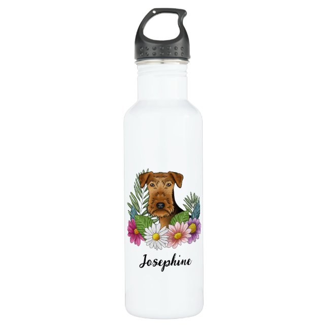 Airedale Terrier Hund farbenfrohe Blume und Name Edelstahlflasche (Vorderseite)