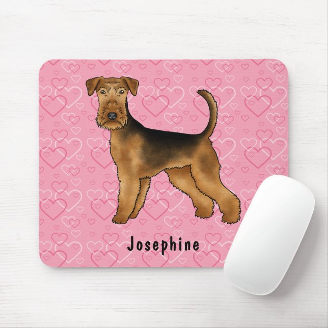 Airedale Terrier Hund Liebe mit rosa Herzmuster Mousepad (Mit Mouse)
