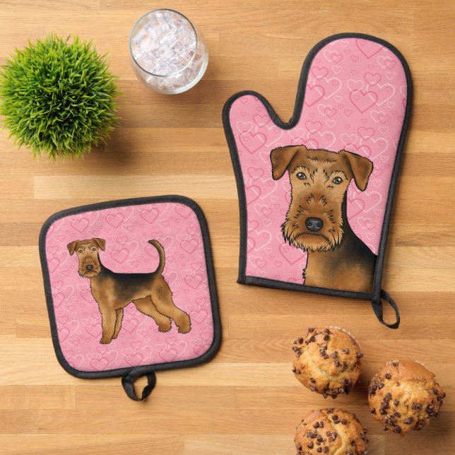 Airedale Terrier Hund Liebe mit rosa Herzmuster Ofenhandschuh & Topflappen-Set (Oben Unten)