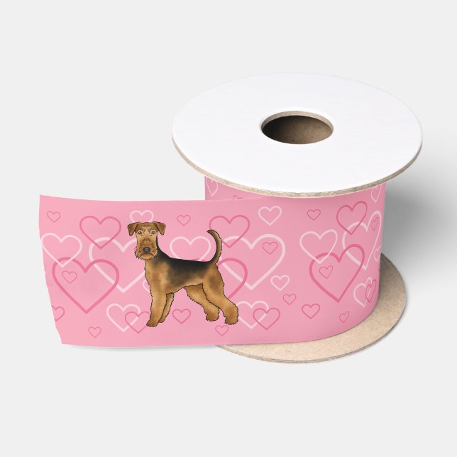 Airedale Terrier Hund Liebe mit rosa Herzmuster Satinband (Spule)