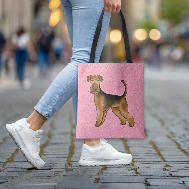 Airedale Terrier Hund Liebe mit rosa Herzmuster Tasche (Please note: This image is a digital mockup. The product may not be in scale.)