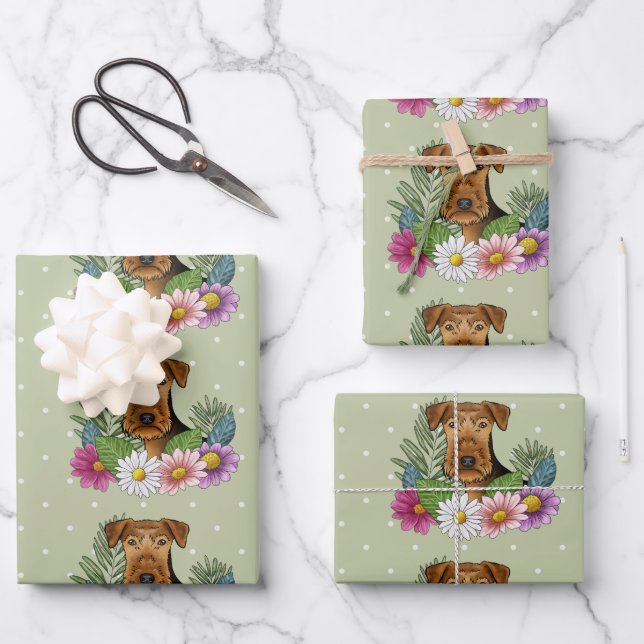 Airedale Terrier Hund mit bunten Blume grün Geschenkpapier Set (Vorderseite)