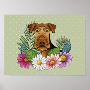 Airedale Terrier Hund mit bunten Blume grün Poster