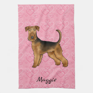 Airedale Terrier Hund mit rosa Herzen und Namen Geschirrtuch