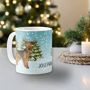 Airedale Terrier Hund Schneeiger Winterwald Und Na Kaffeetasse