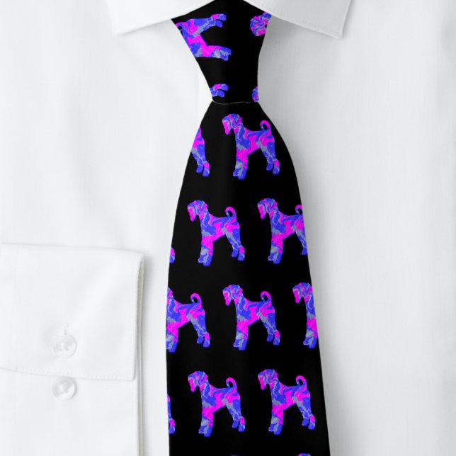 Airedale Terrier Hund Silhouette Rosa & Blau Schwa Krawatte (Airedale Terrier punk n blue silhouette black tie)