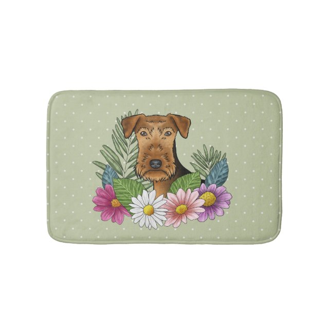 Airedale Terrier Hund und farbenfrohe Blume grün Badematte (Vorderseite)