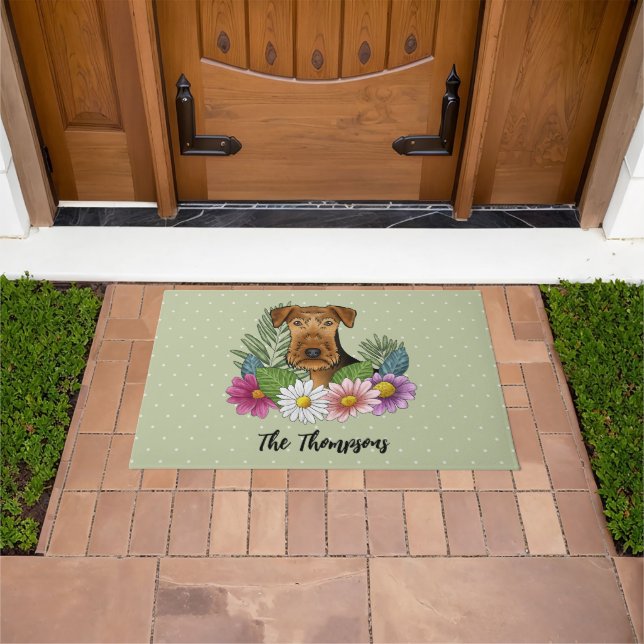 Airedale Terrier Hund und farbenfrohe Blume grün Fußmatte (Außenbereich)