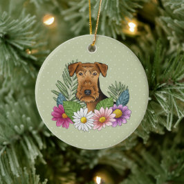 Airedale Terrier Hund und farbenfrohe Blume grün Keramik Ornament