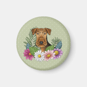 Airedale Terrier Hundekopf Bunte Blumen Grün Magnet
