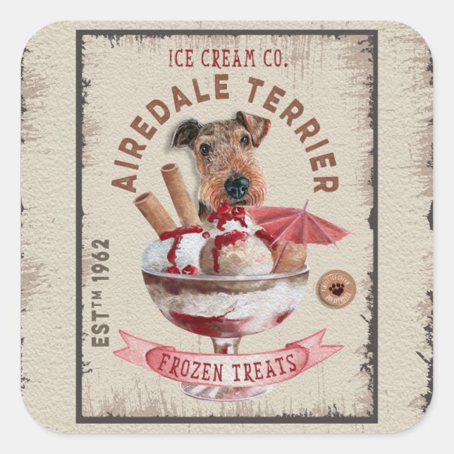 Airedale Terrier Ice-Creme Funny Frozen Leckereien Quadratischer Aufkleber (Vorderseite)