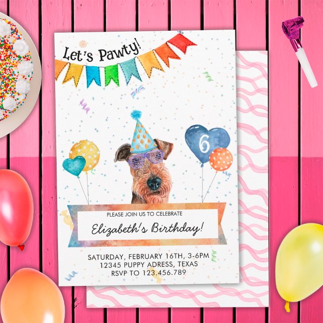 Airedale Terrier Lasse Pawty Dog Birthday Party Einladung (Front and Back)