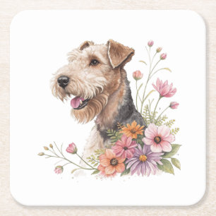 Airedale Terrier mit Blumen Rechteckiger Pappuntersetzer