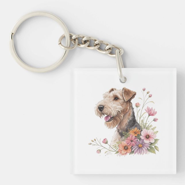 Airedale Terrier mit Blumen Schlüsselanhänger (Vorderseite)
