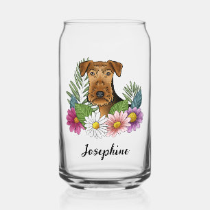 Airedale Terrier mit farbenfrohen Blumen und Namen Dosenglas