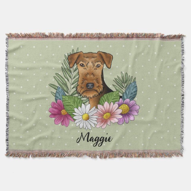 Airedale Terrier mit farbigen Blume und Namen Decke (Vorderseite)