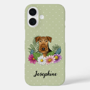 Airedale Terrier mit farbigen Blume und Namen iPhone 16 Hülle