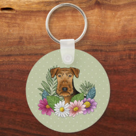 Airedale Terrier mit farbigen Blume und Namen Schlüsselanhänger