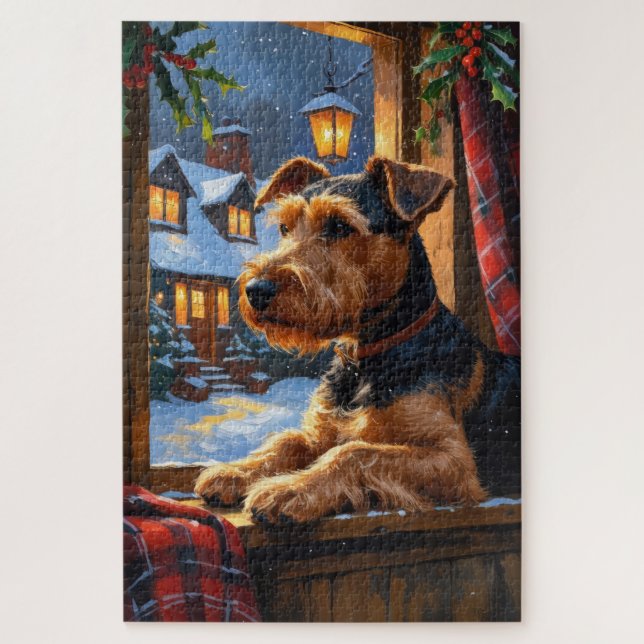 Airedale Terrier mit Weihnachtsbeleuchtung Feierta (Vertikal)