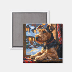 Airedale Terrier mit Weihnachtsbeleuchtung Ferien  Magnet