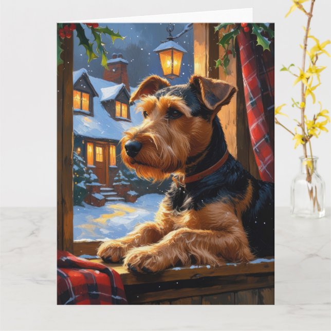 Airedale Terrier mit Weihnachtslicht Urlaub Karte (Gelbe Blume)