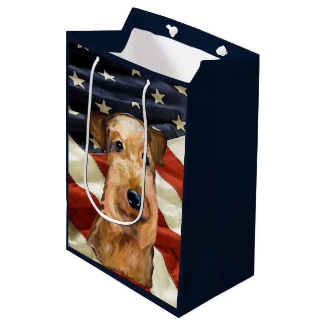 AIREDALE TERRIER MITTLERE GESCHENKTÜTE (Vorderseite Schrägansicht)