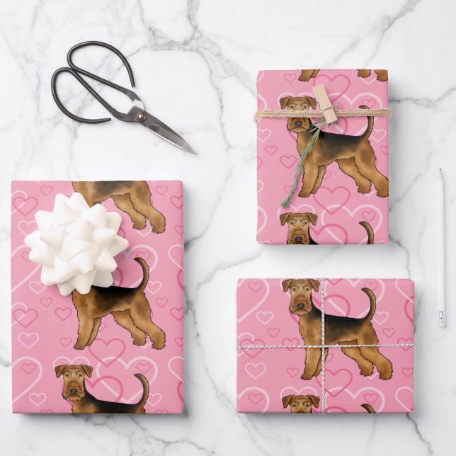 Airedale Terrier Niedliche Hunde Liebe und Herz au Geschenkpapier Set (Vorderseite)