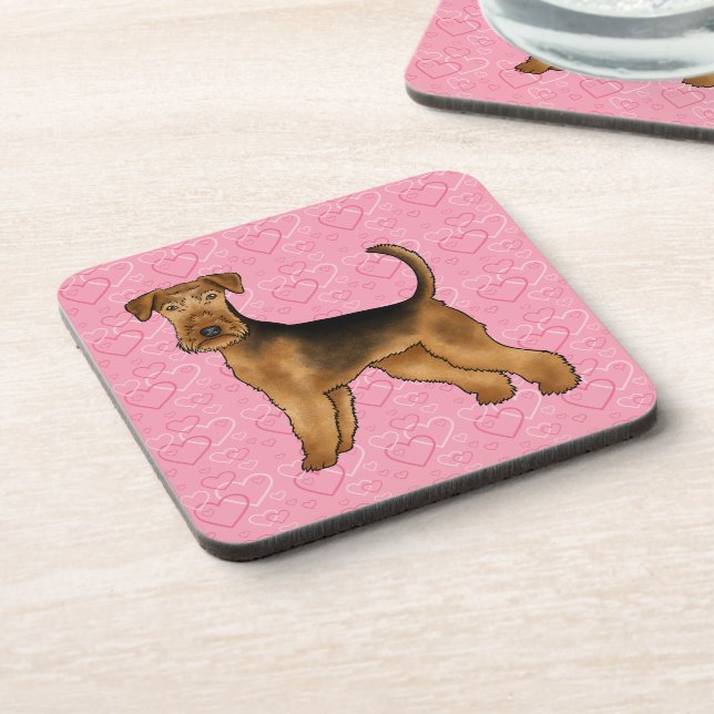 Airedale Terrier Niedlicher Cartoon Hund mit rosa  Getränkeuntersetzer (Linke Seite)