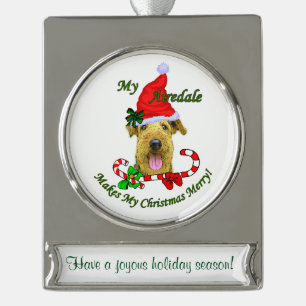 Airedale-Terrier-personalisiertes Weihnachten Banner-Ornament Silber