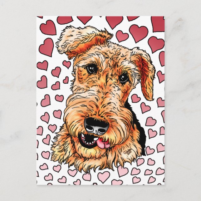 Airedale Terrier Pink Hearts Valentinstag Feiertagspostkarte (Vorderseite)