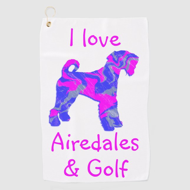 Airedale Terrier Pink Silhouette Monogramm Golfhandtuch (Vorderseite)