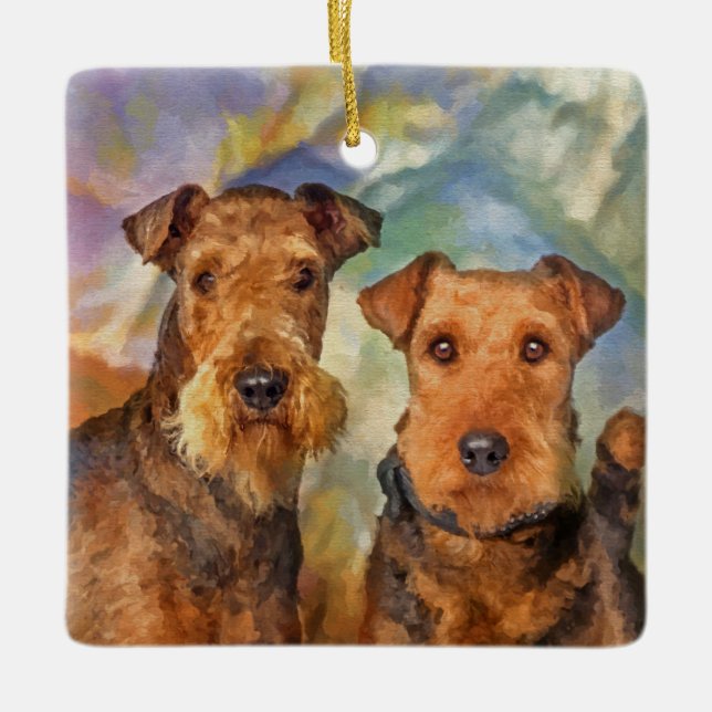 Airedale-Terrier-Porträt-gemischte Medien Keramikornament (Vorderseite)