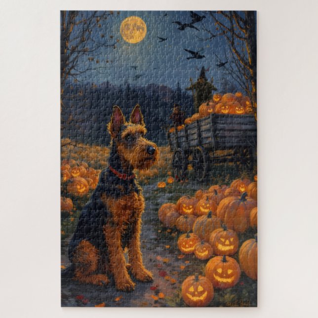 Airedale Terrier Rustikales Halloween-Kürbisfeld  (Vertikal)