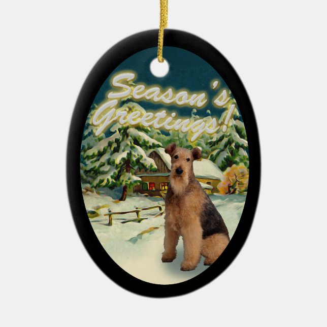 Airedale Terrier Snow Cabin Weihnachten Keramik Ornament (Vorne)