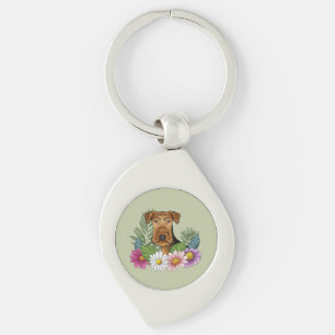 Airedale Terrier und bunte Sommerblumen Grün Schlüsselanhänger