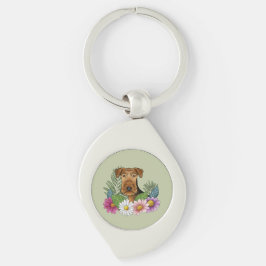 Airedale Terrier und farbenfrohe Sommer Blume Grün Schlüsselanhänger