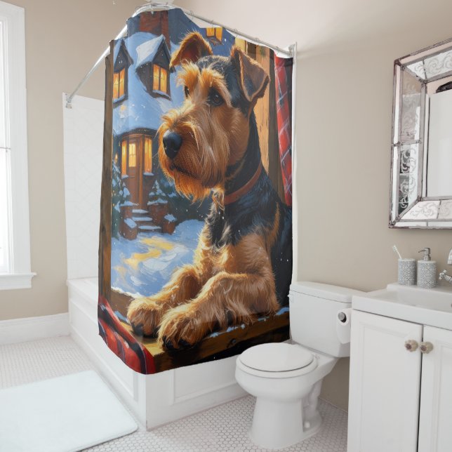 Airedale Terrier With Christmas Lights Holiday  Duschvorhang (Beispiel)