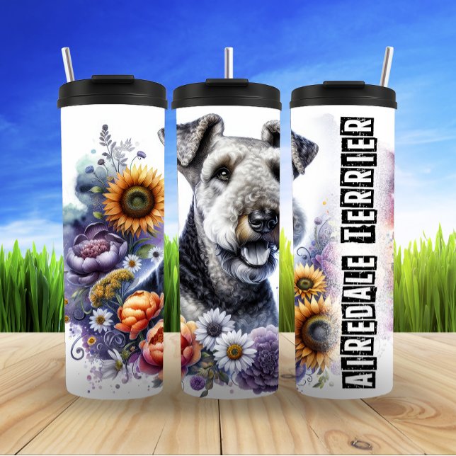 Airedale Terriers Abenteuer mit der Blüte Thermosbecher (Von Creator hochgeladen)