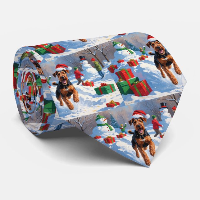 Airedale Weihnachtsfest Schneeszene Krawatte (Gerollt)